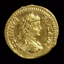 Aureus (Vorderseite) mit dem Kopf von Caracalla (196-217 n. Chr.), drapiert, gepanzert, mit Lorbeerkranz. Inschrift: ANTONINVS PIVS AVG